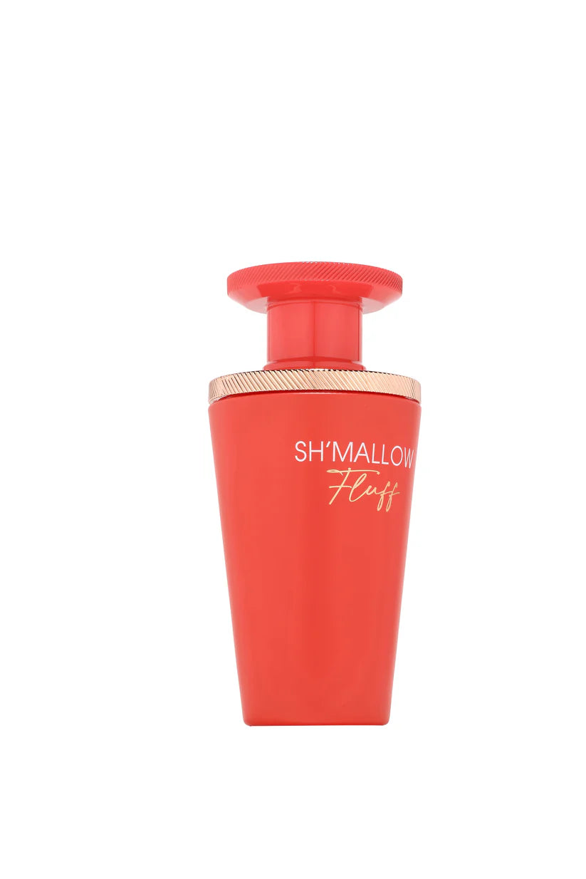 Red bottle with gold cap and 'SH'MALLOW Fluff' text on a white background