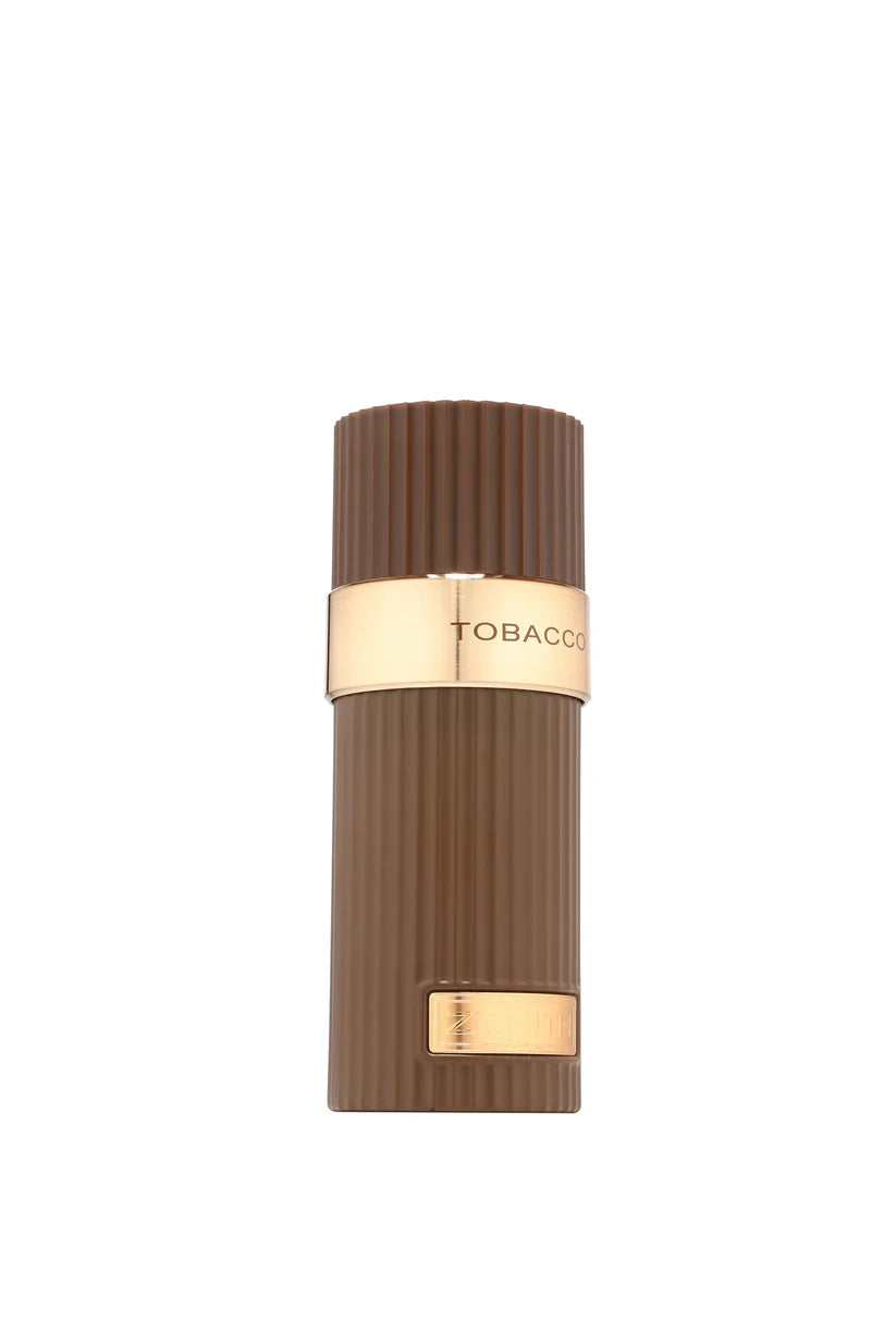 Brown and gold cylindrical container with 'Zenith Tobacco' text on a white background