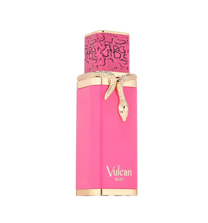 French Avenue Vulcan Baie Pink perfume bottle with gold accents on a white background