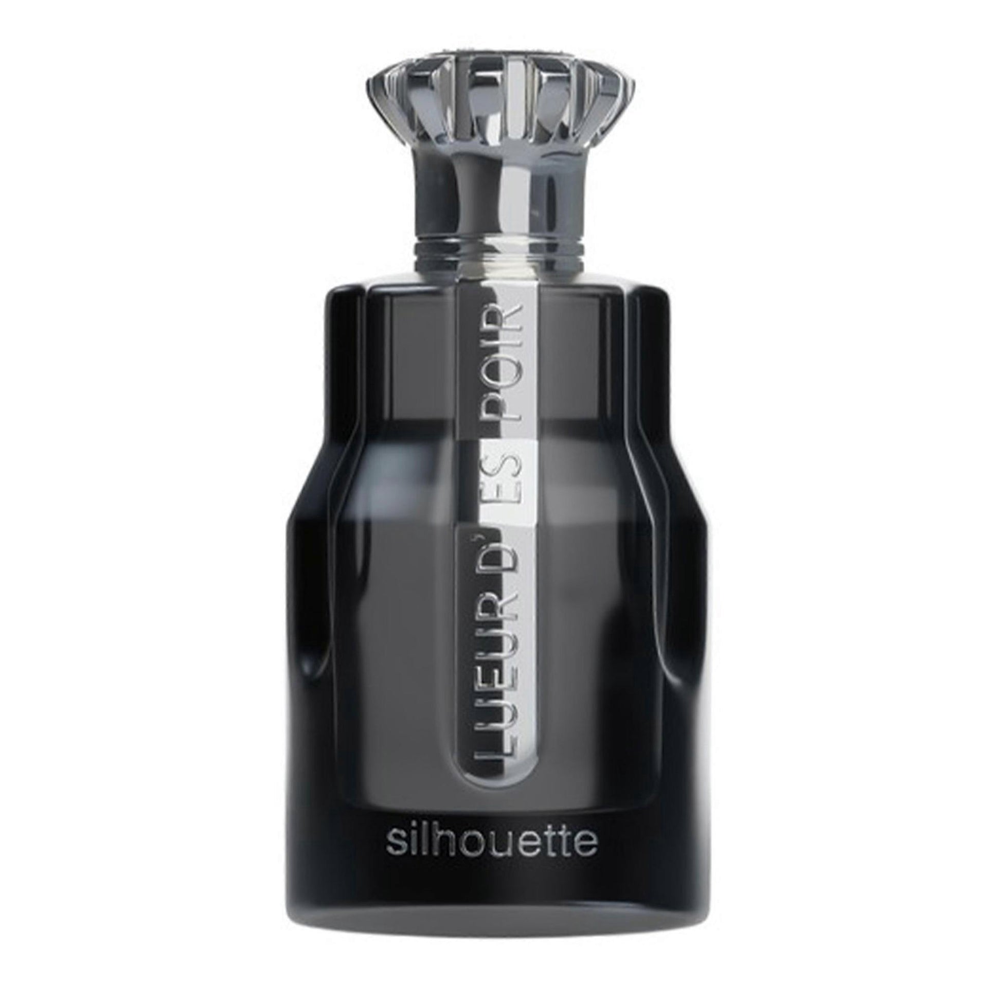 A dark charcoal gray glass perfume bottle with a faceted silver cap, featuring the vertical text 'LUEUR D'ES POIR' and the brand name 'silhouette' printed in silver at the bottom.