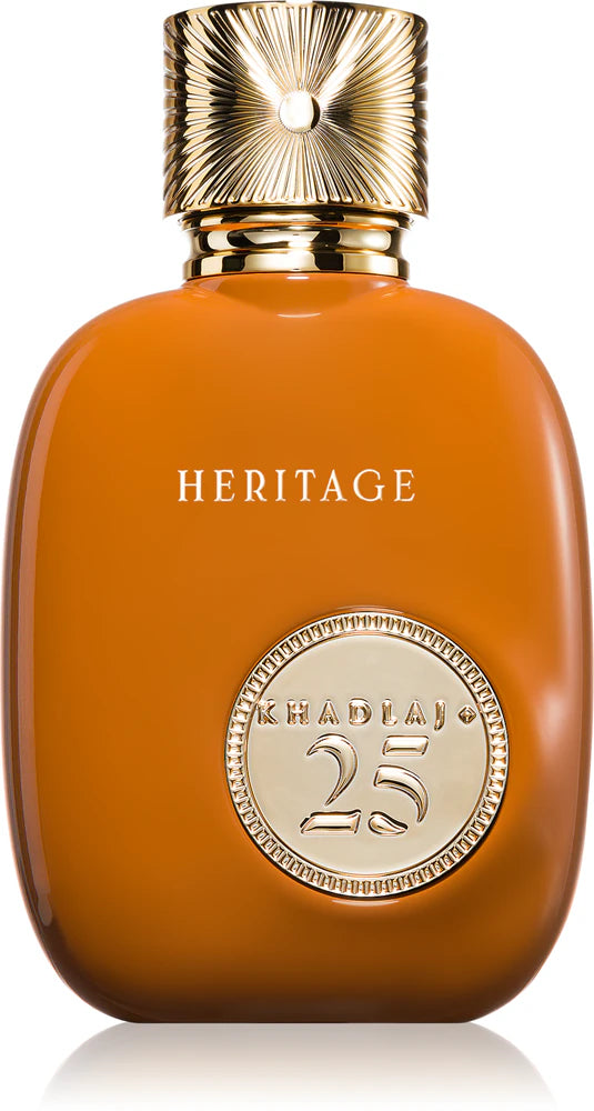 Orange perfume bottle with gold cap and 'Heritage' branding on a white background