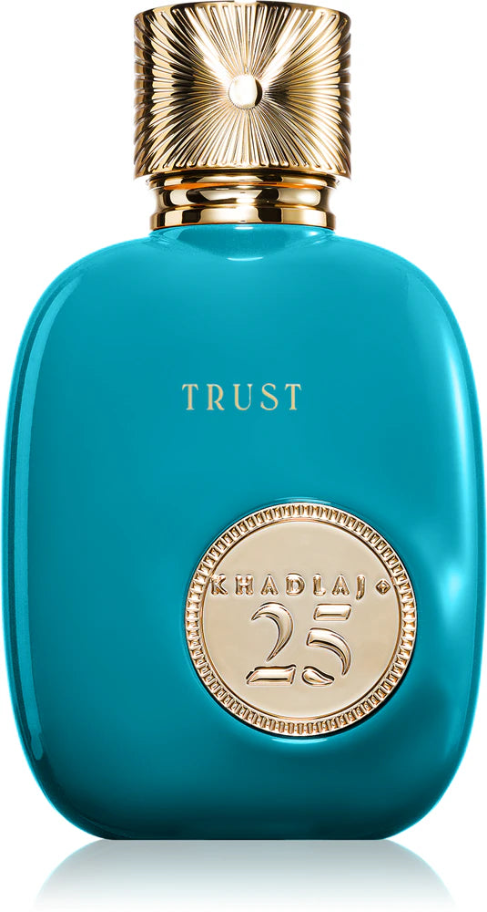 Blue perfume bottle with gold cap and 'Trust' branding on a white background