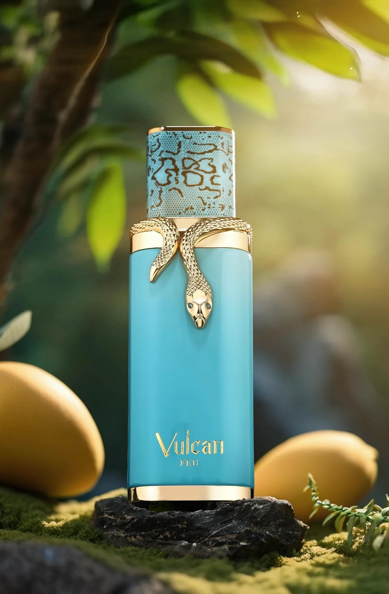 Vulcan Feu perfume bottle with gold accents on a natural background