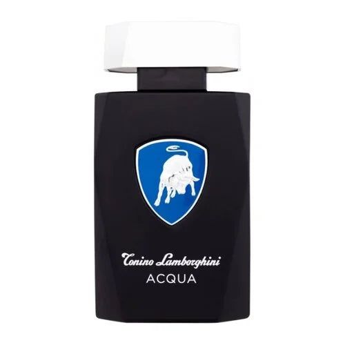 Black perfume bottle with blue logo and 'Tonino Lamborghini Acqua' text on a white background