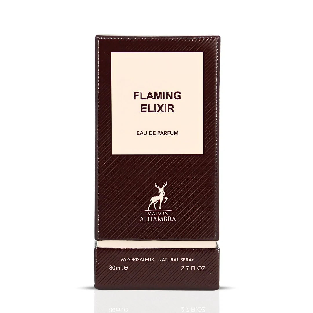 Maison Alhambra Flaming Elixir perfume packaging on a white background