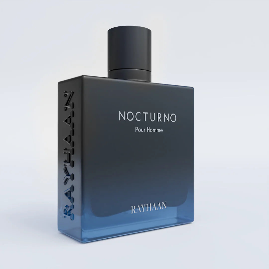 Rayhaan Nocturno Pour Homme Perfume bottle labeled 'Nocturno Pour Homme' by Rayhaan on a light gray background