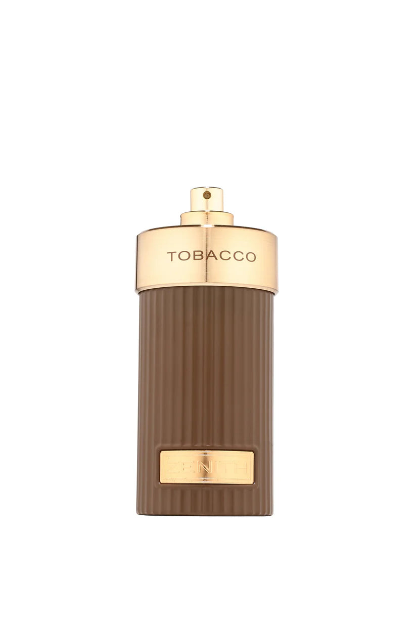 Zenith Tobacco perfume bottle with gold cap and label on a white background