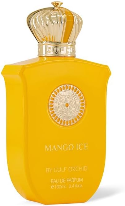 Yellow perfume bottle with gold cap labeled 'Mango Ice by Gulf Orchid' on a white background