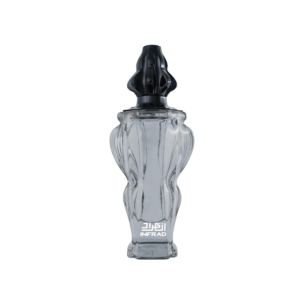 Zimaya Infrad Clear glass perfume bottle with black cap on a white background