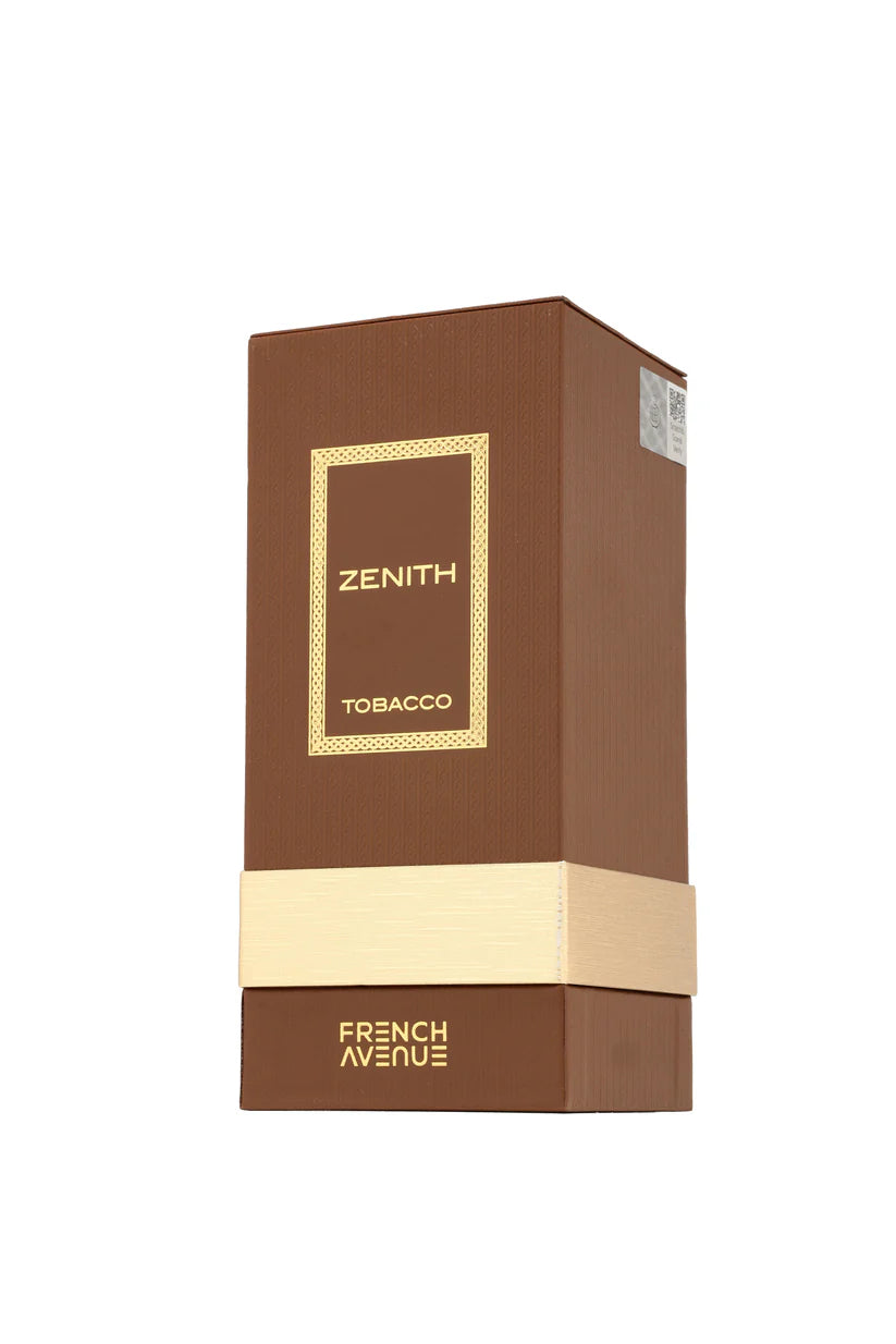 Brown and gold packaging of Zenith Tobacco by French Avenue on a white background