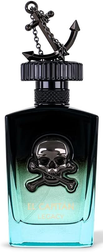 Perfume bottle with skull and crossbones design on a white background