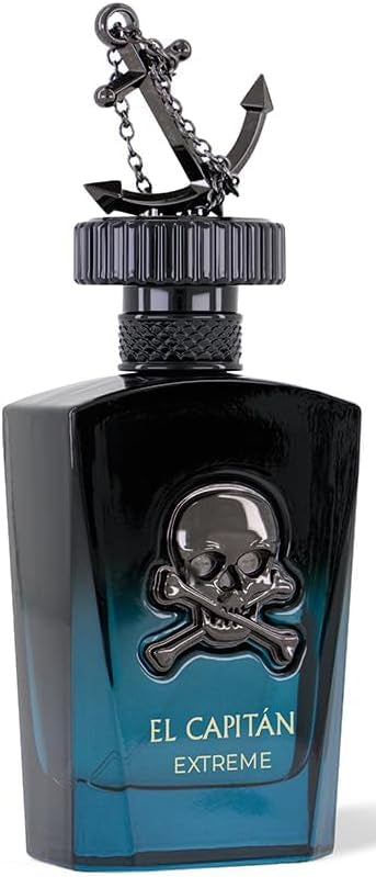 Black and blue perfume bottle with skull design labeled 'El Capitan Extreme' on a white background