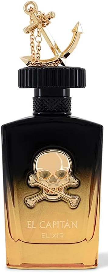 Perfume bottle with skull design and anchor on a white background