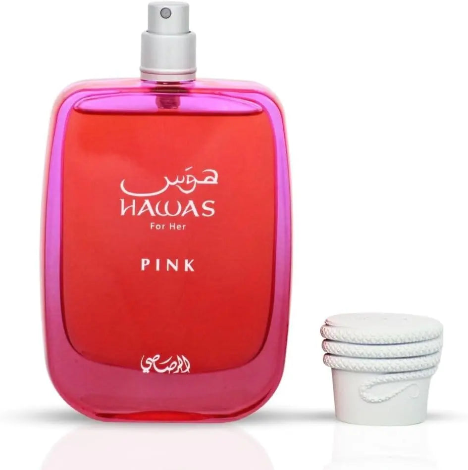Pink perfume bottle labeled 'Hawas for Her Pink' with a small white container on a white background