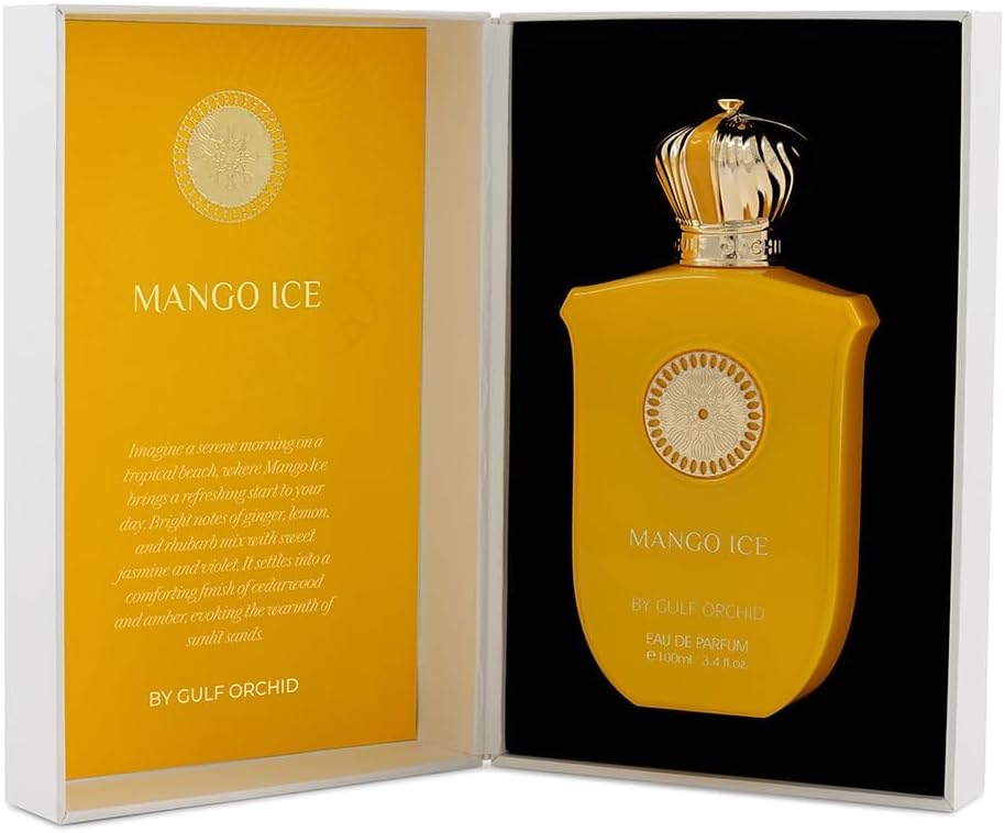 Perfume bottle labeled 'Mango Ice' by Gulf Orchid with packaging on a white background