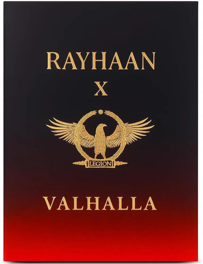 Book or notebook with 'Rayhaan X Valhalla' and an eagle emblem on a black to red gradient background.