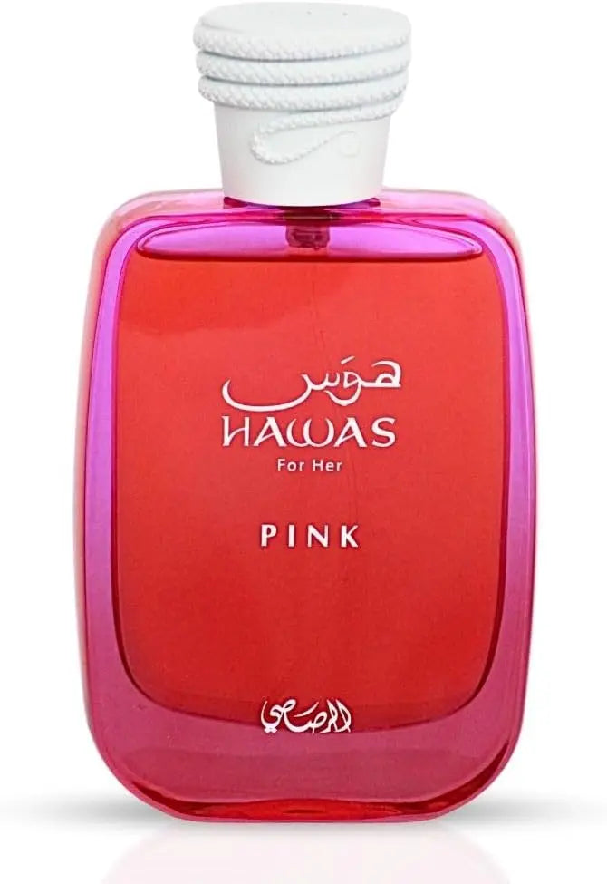 Red and pink perfume bottle with 'Hawas' branding on a white background
