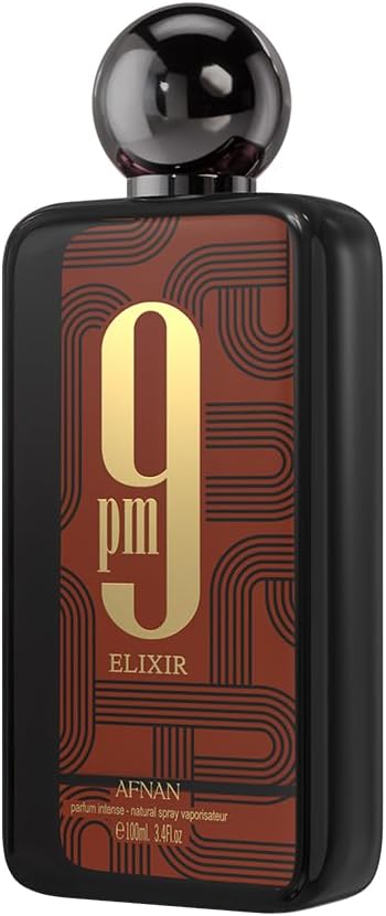 Afnan 9pm Elixir perfume bottle with brown and black design