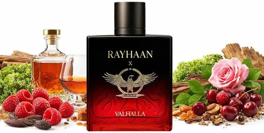 Red perfume bottle labeled 'Rayhaan Valhalla' with ingredients and a glass of amber liquid on a white background.