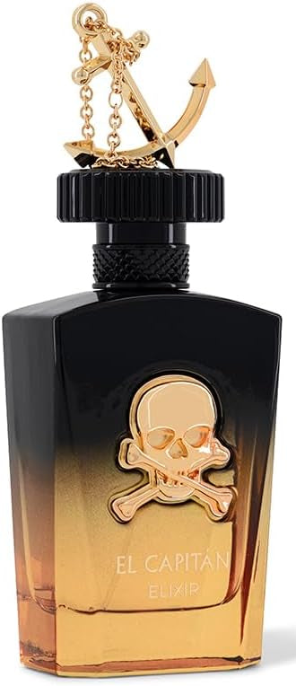 Perfume bottle with skull design and gold accents on a white background