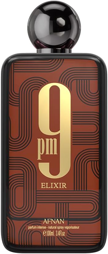 Afnan 9pm Elixir perfume bottle with a brown and gold design.