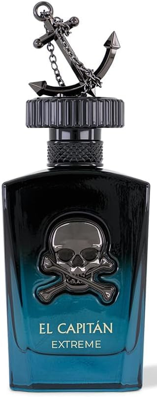 Perfume bottle labeled 'El Capitan Extreme' with skull and anchor design on a white background