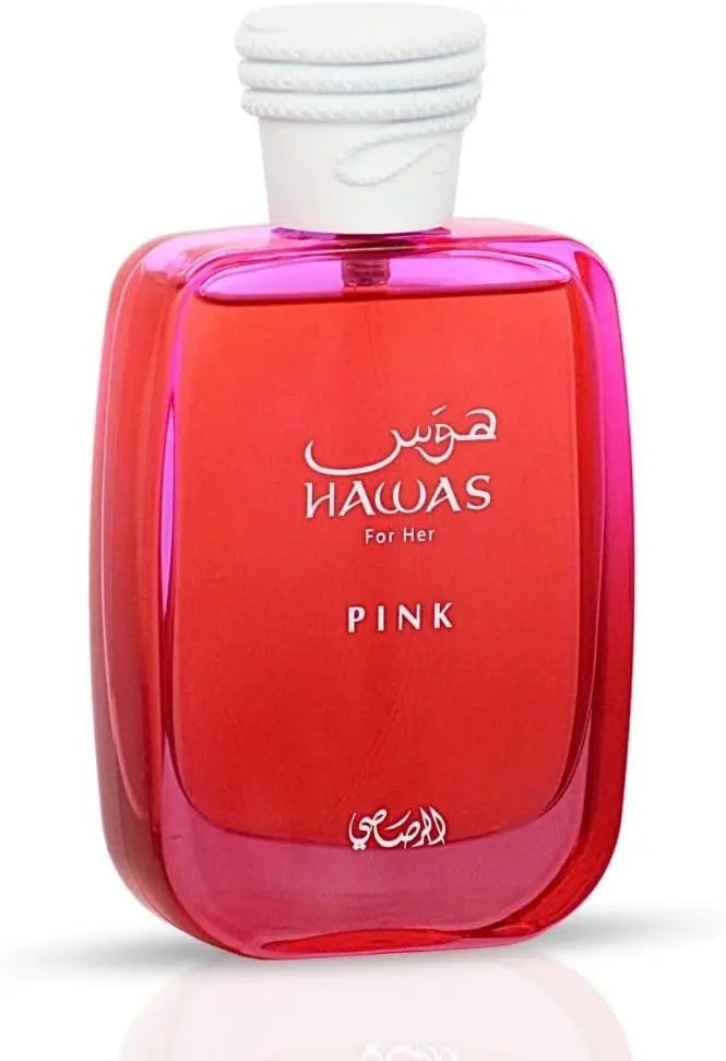 Red perfume bottle with white cap labeled 'Hawas Pink' on a white background