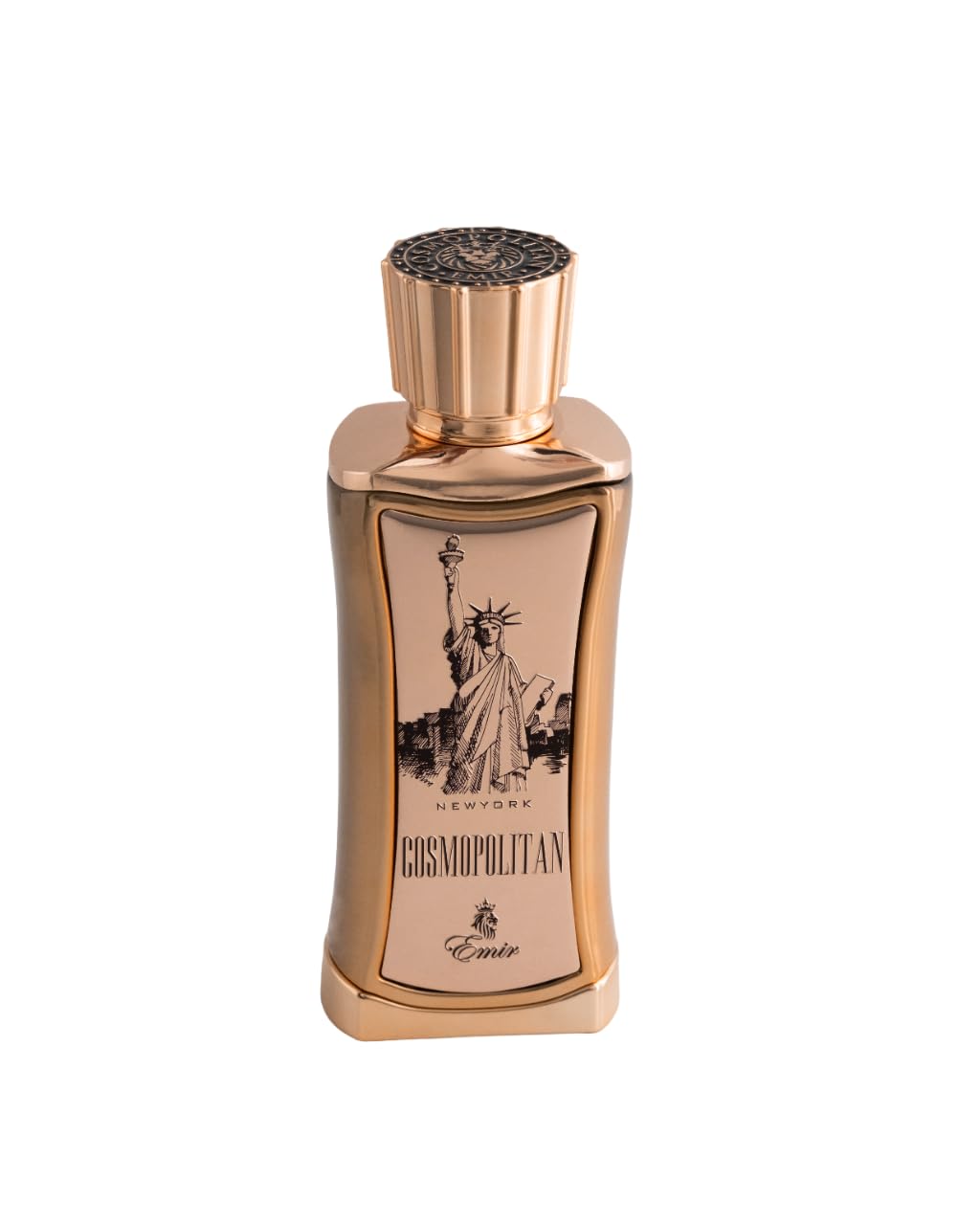 Emir Cosmopolitan New York Perfume bottle with rose gold cap and detailed label on a white background