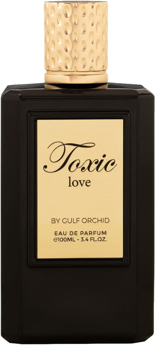 Perfume bottle labeled 'Toxic Love by Gulf Orchid' on a black background