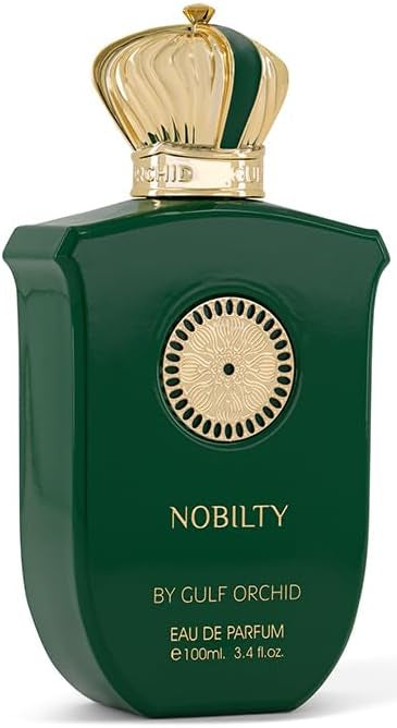 Green perfume bottle with gold cap labeled 'Nobilty by Gulf Orchid' on a white background