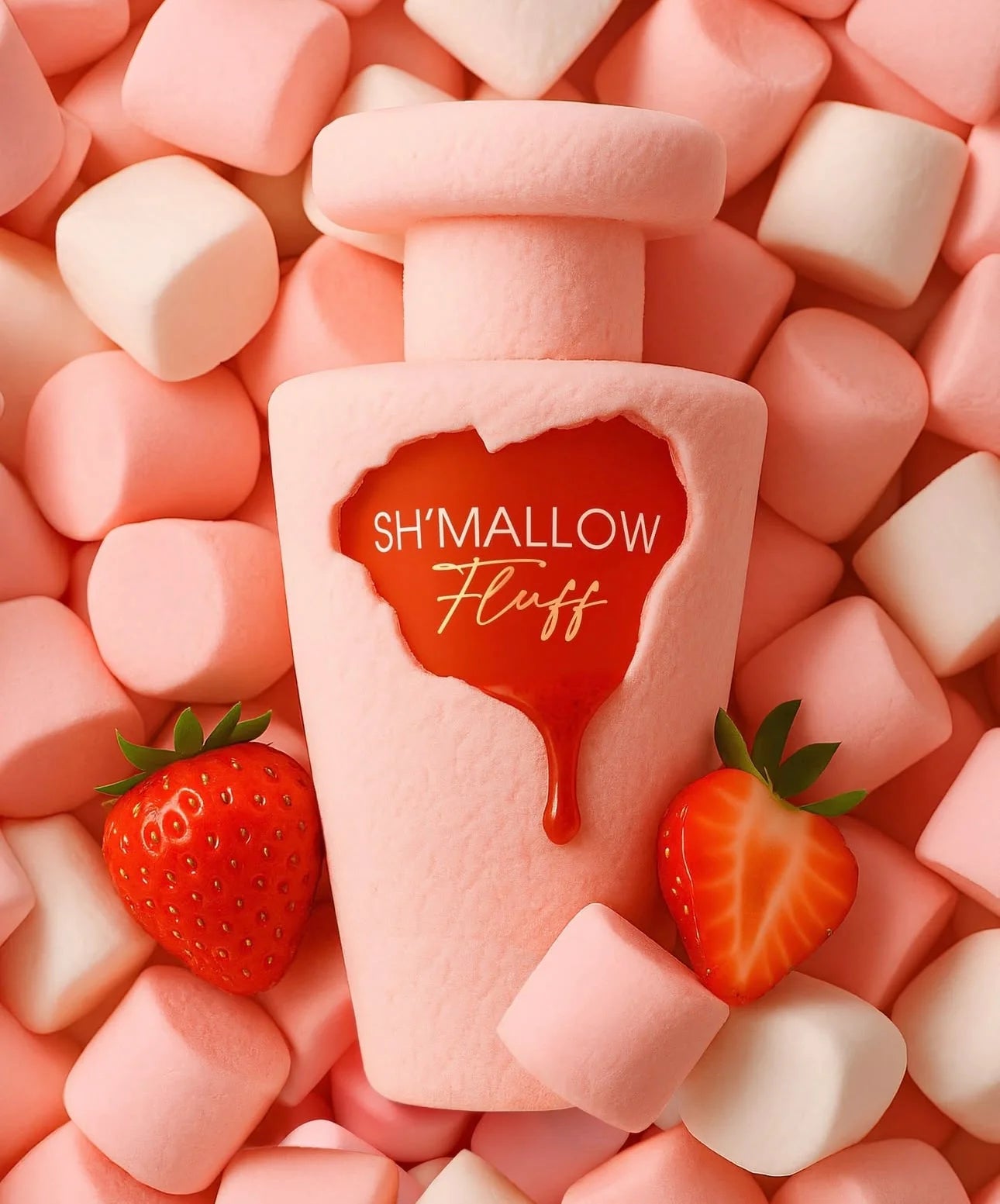 Shmallow Fluff product surrounded by pink and white marshmallows with strawberries on a pink background