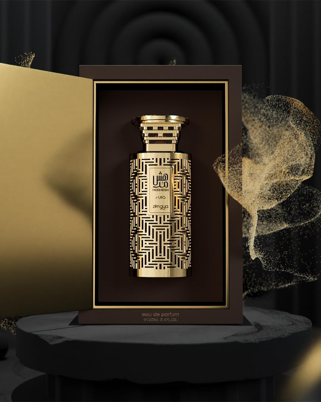 Modhesh Aura Zimaya Gold and black patterned perfume bottle in a decorative box with a dark background