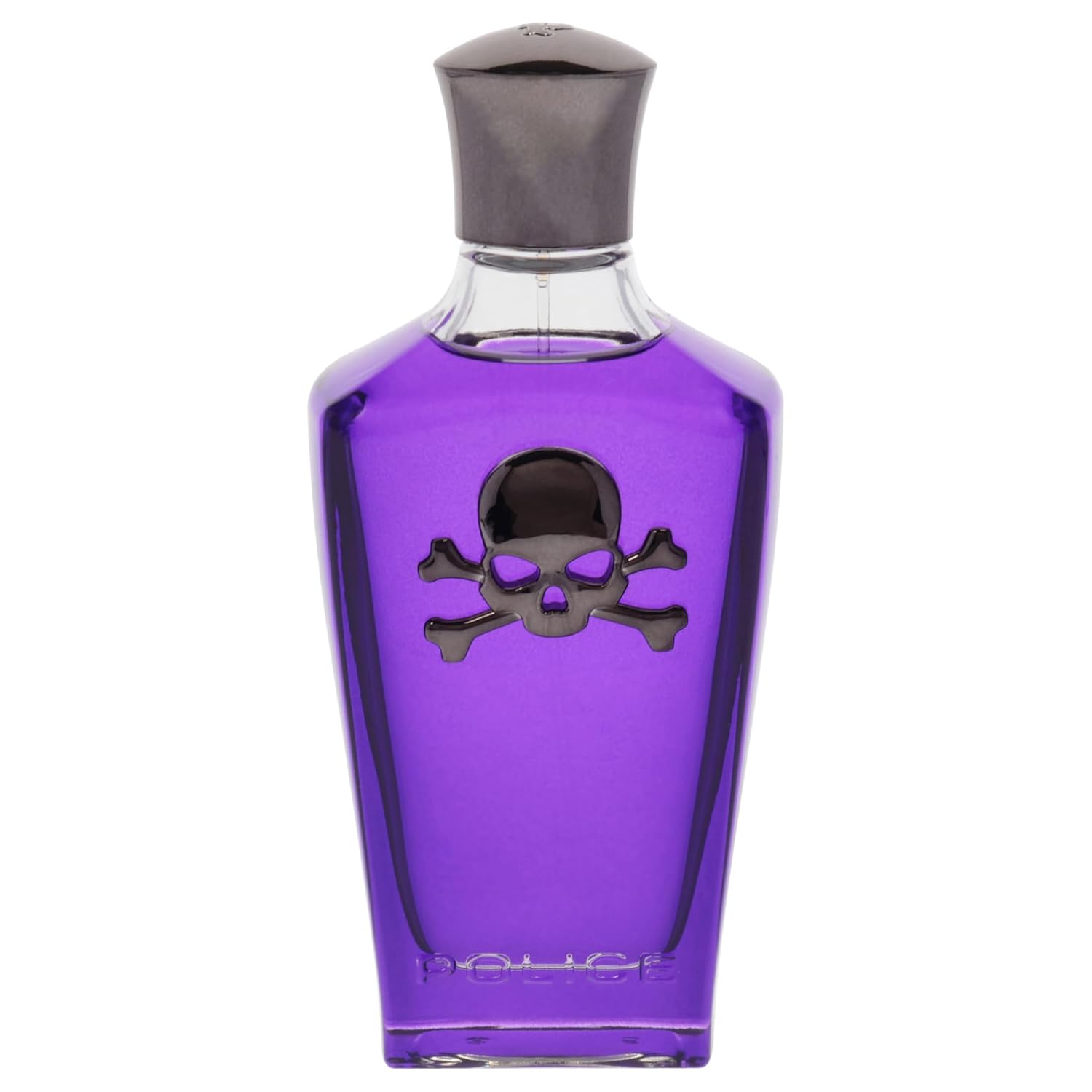 Purple perfume bottle with skull design on a white background