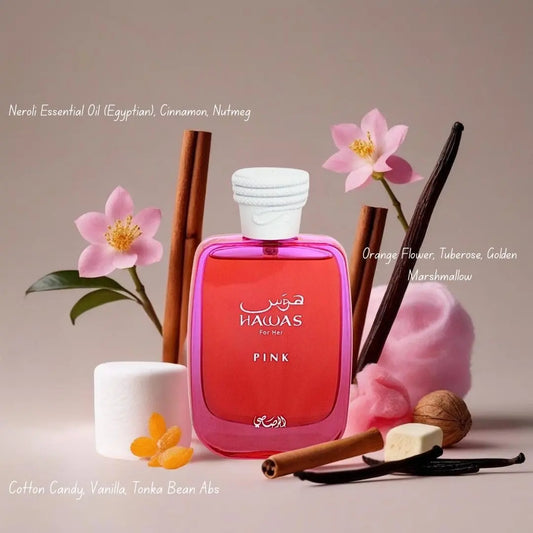 Pink perfume bottle with floral and spice elements on a neutral background