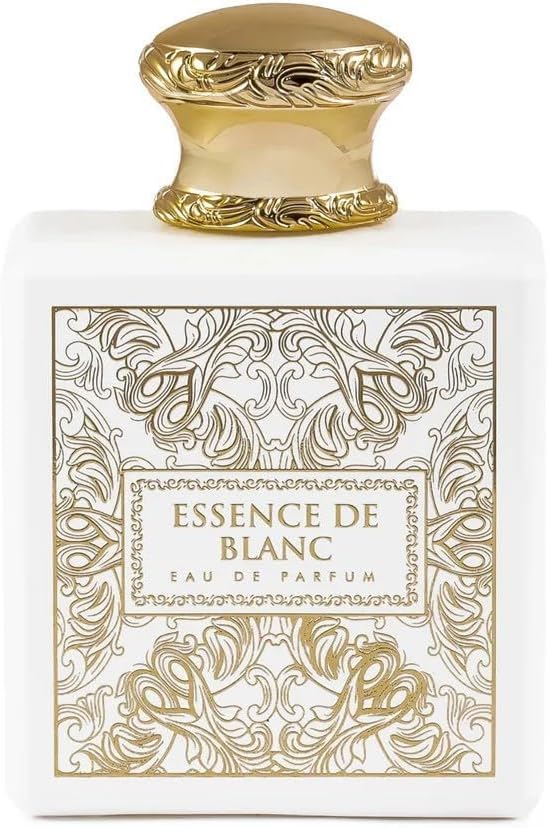 Perfume bottle with gold and white design labeled 'Essence de Blanc' on a white background