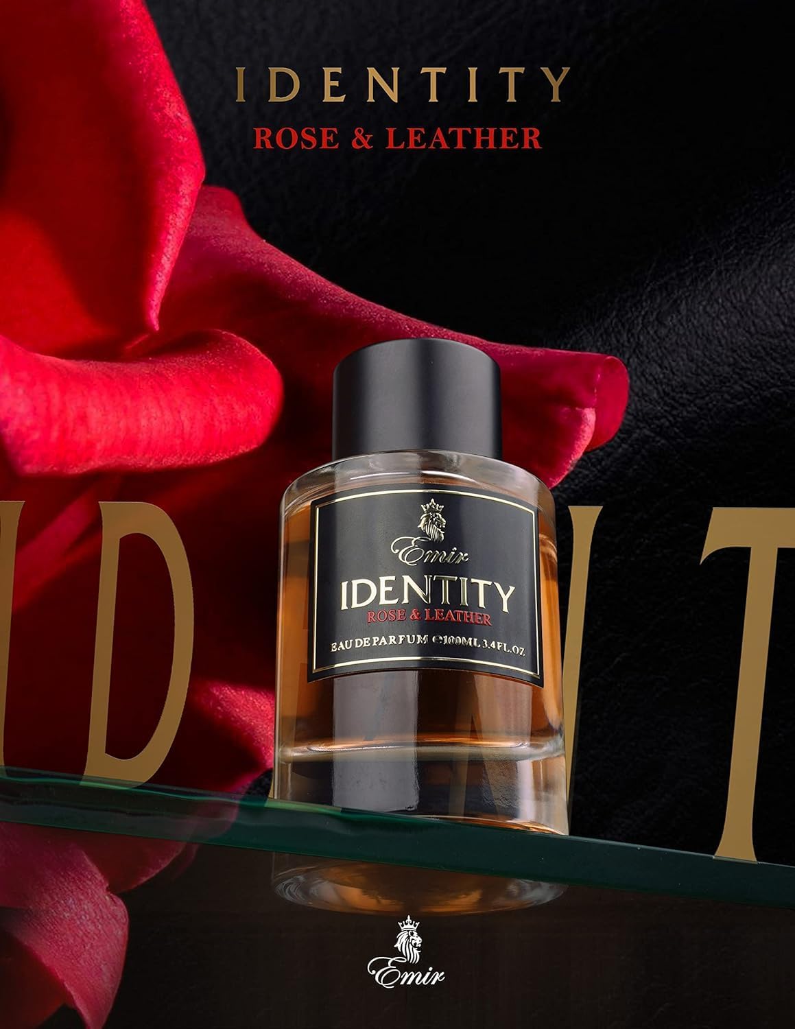 Perfume bottle labeled 'Identity Rose & Leather' with a red rose on a dark background