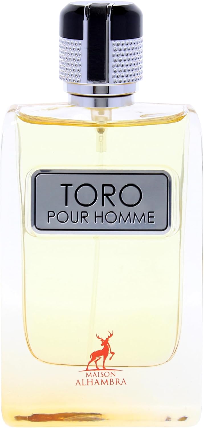 Perfume bottle labeled 'Toro Pour Homme' by Maison Alhambra on a white background