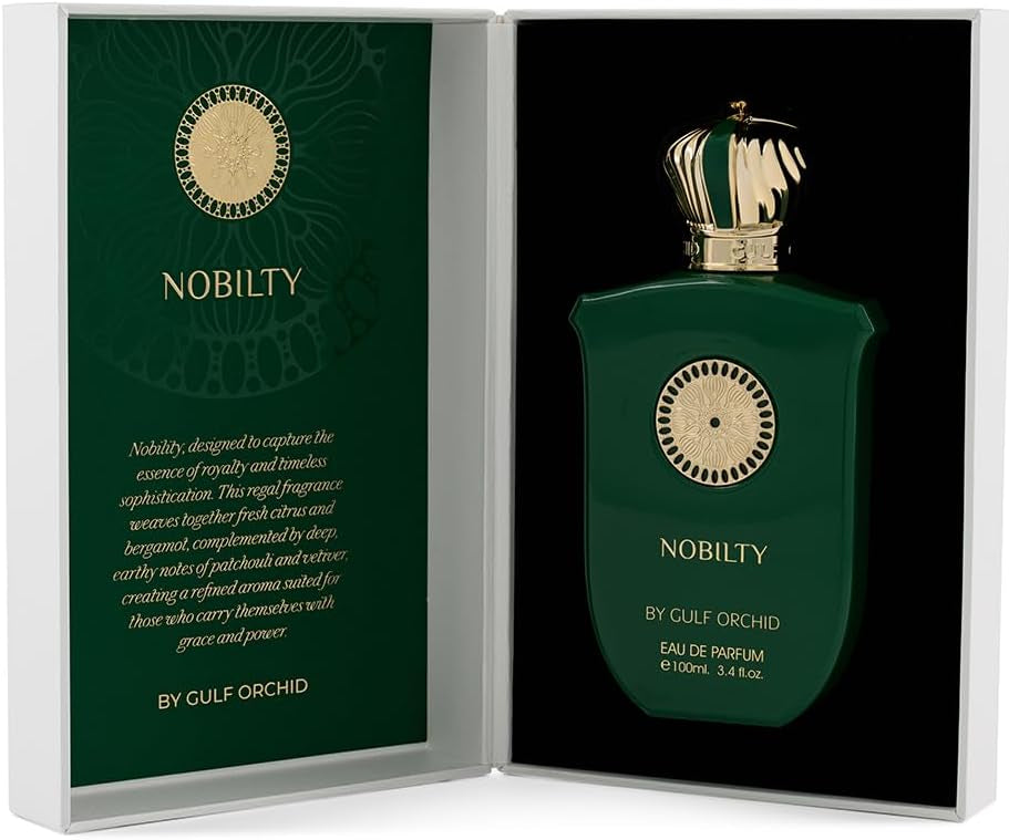 Green perfume bottle with gold cap labeled 'Nobilty' by Gulf Orchid, displayed in an open box.