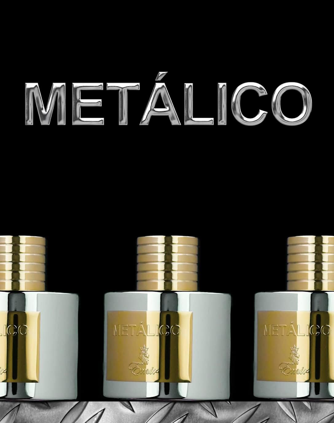 Emir Metalico Three 'Metalico' perfume bottles with metallic caps on a black background.