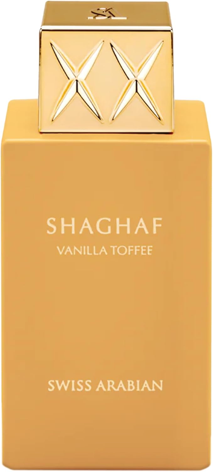 Shaghaf Vanilla Toffee perfume bottle by Swiss Arabian with gold cap and packaging.
