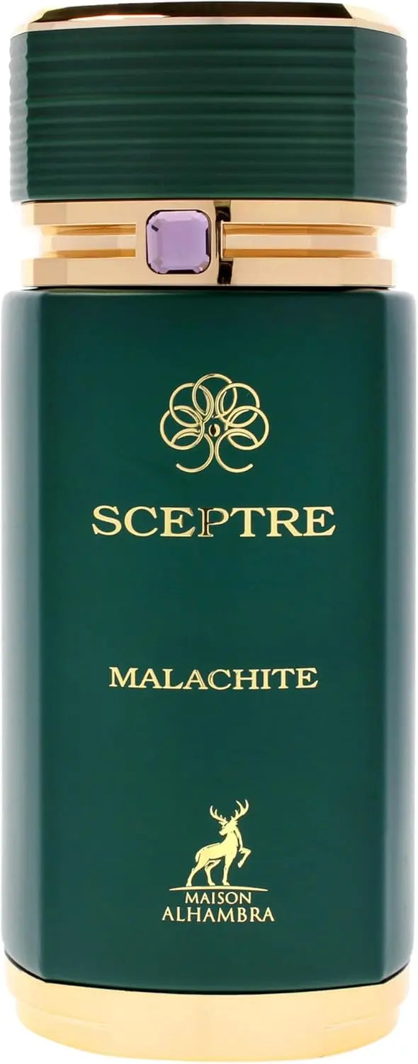 Green bottle with gold accents and 'Sceptre Malachite' branding on a white background