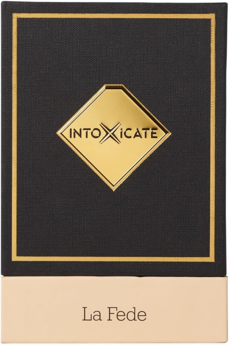 Product packaging with ' INTOXICATE' and 'La Fede' text on a black and beige background