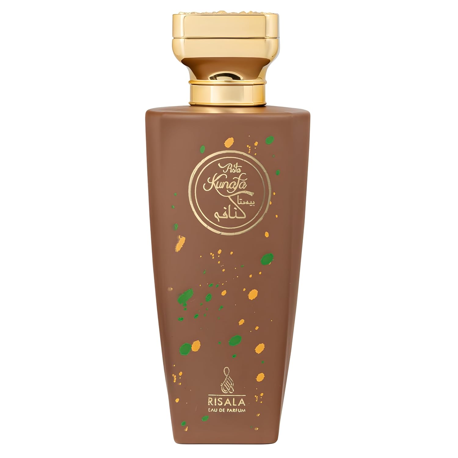 Brown perfume bottle with gold cap on a white background