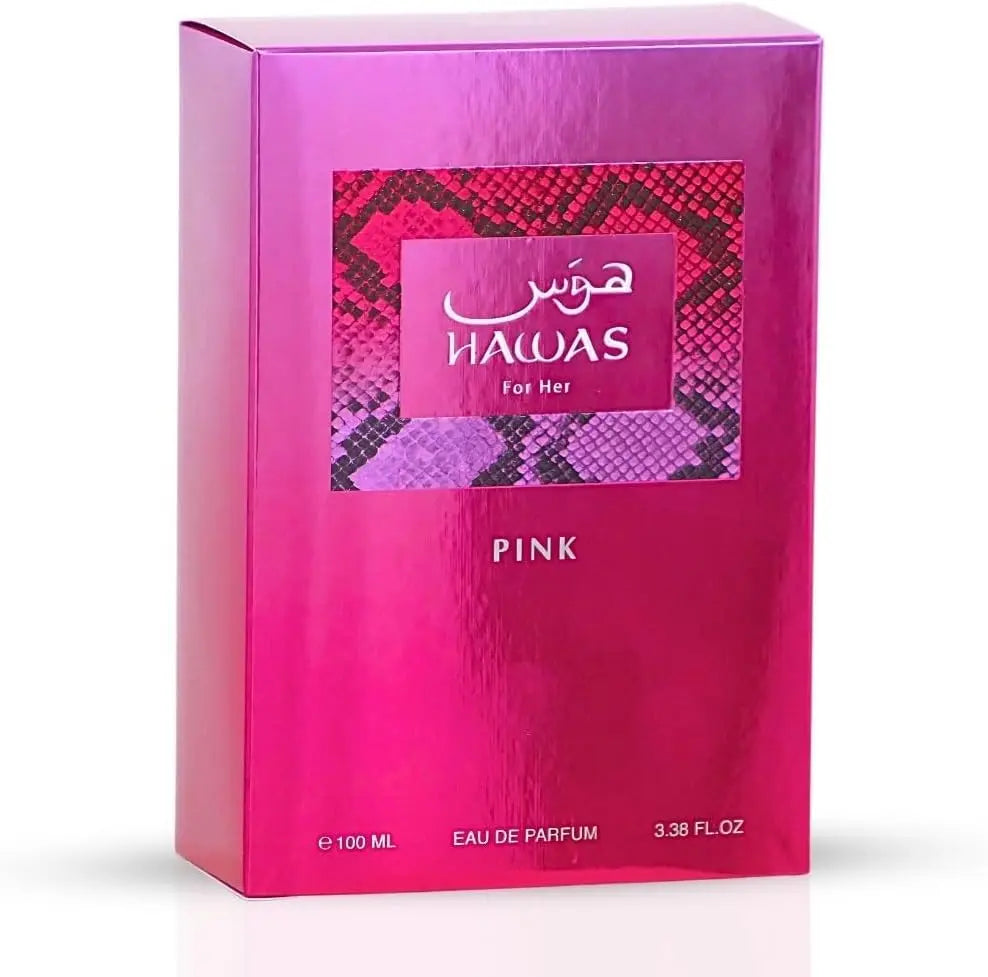 Pink perfume box labeled 'Hawas for Her Pink' on a white background