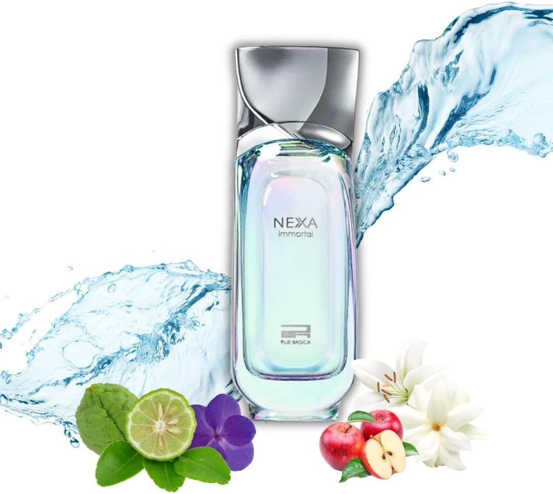 Rue Broca Nexa Immortal with water splash and fruits on a white background