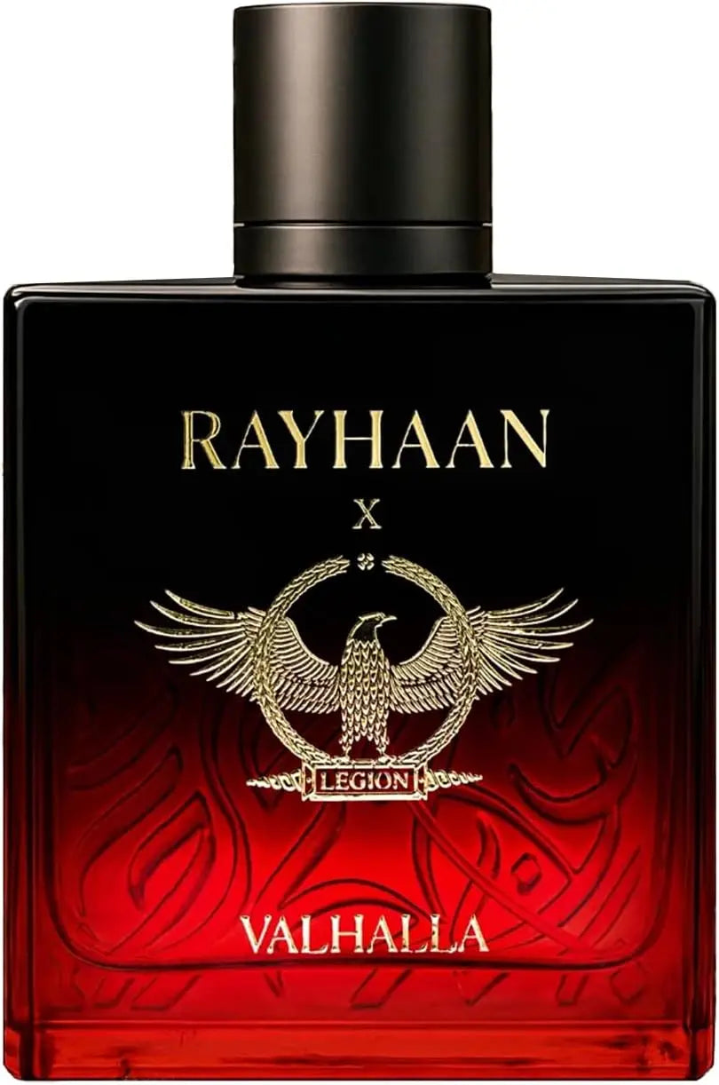 Red and black perfume bottle with 'Rayhaan' branding on a white background
