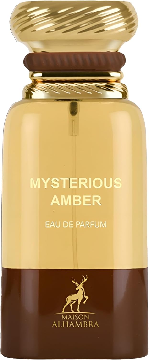 Mysterious Amber perfume bottle by Maison Alhambra with gold and brown design.