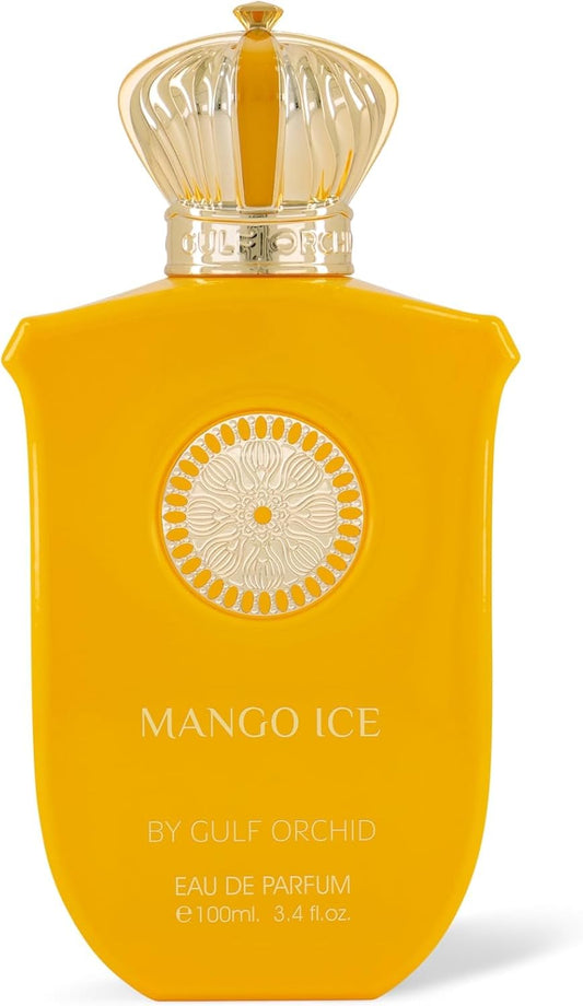 Yellow perfume bottle labeled 'Mango Ice' by Gulf Orchid on a white background