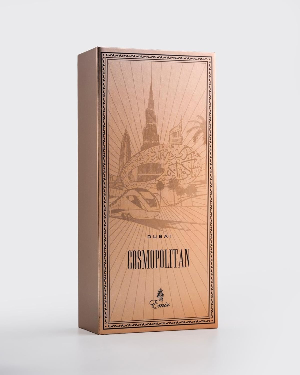 Emir Cosmopolitan Dubai packaging with architectural design on a white background