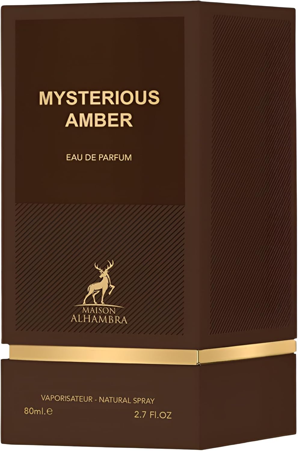Mysterious Amber perfume bottle packaging with gold accents on a brown background